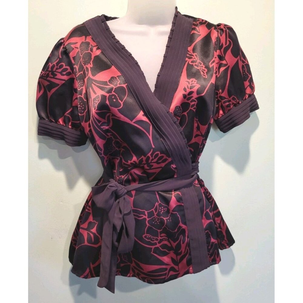 Y2K Mit It Black Burgundy Satin Faux Wrap Puff Sleeve Top Sz M Whimsigoth
